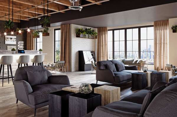 A lounge and bar in hotel, featuring Sunbrella fabrics.