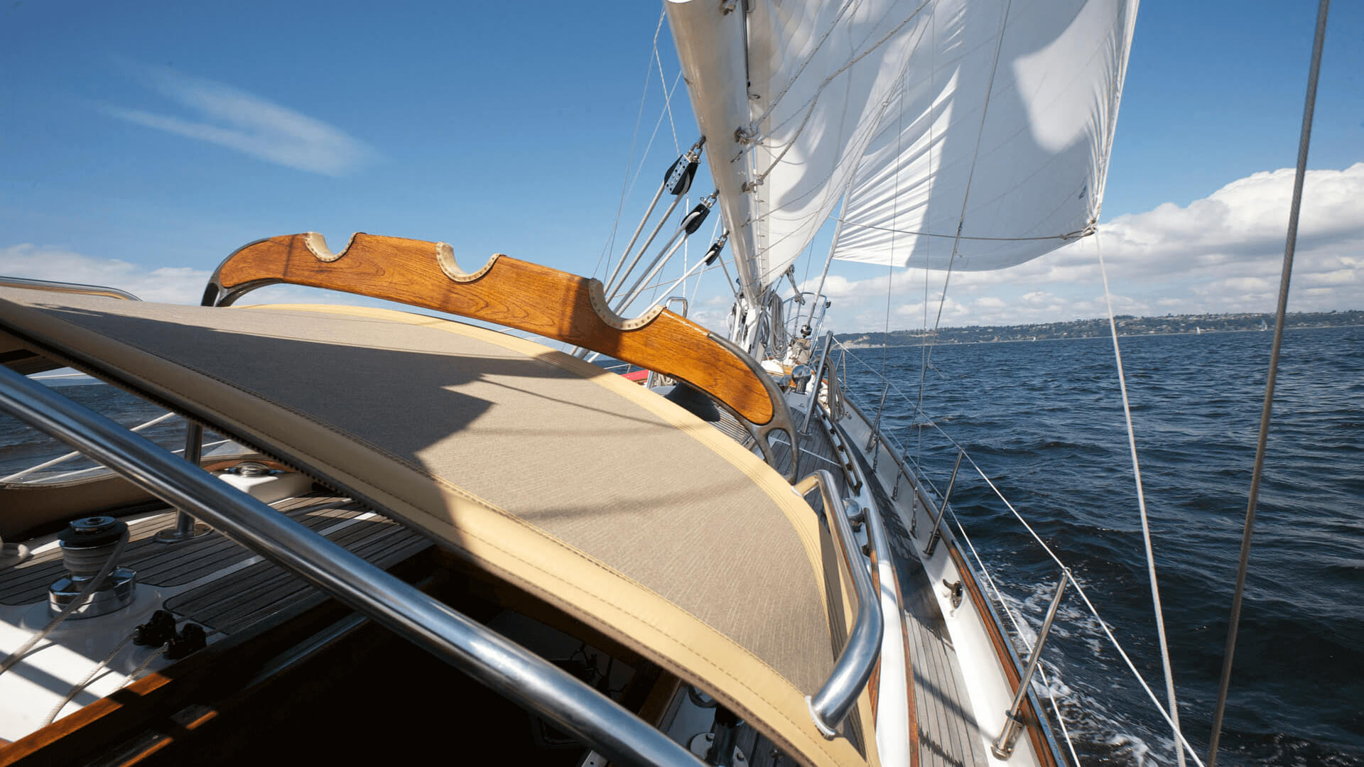 A Bimini made using Sunbrella fabrics on the Galatea sailboat