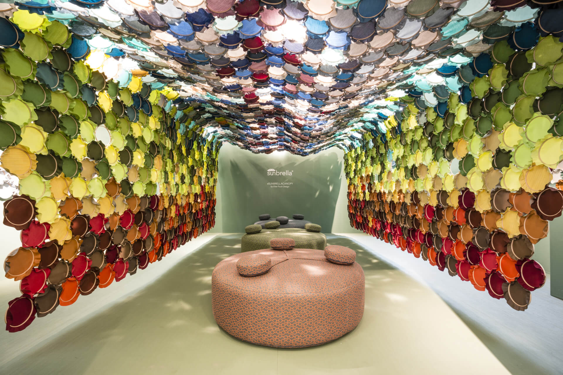 The Sunbrella Canopy installation in Milan created a space using embroidery hoops with thousands of Sunbrella fabrics