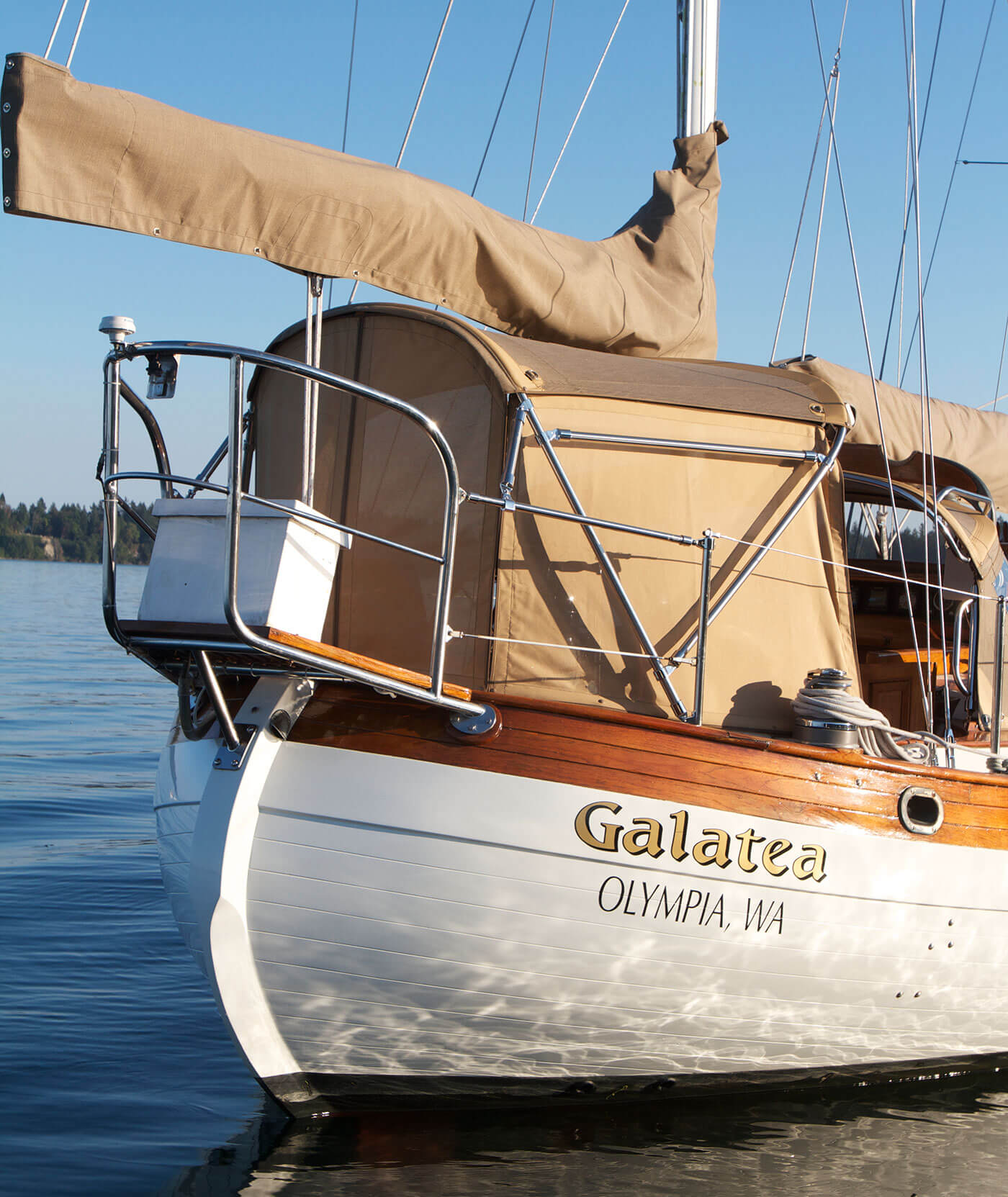 Galatea sailboat featuring sailcover and enclosure made using Sunbrella fabrics